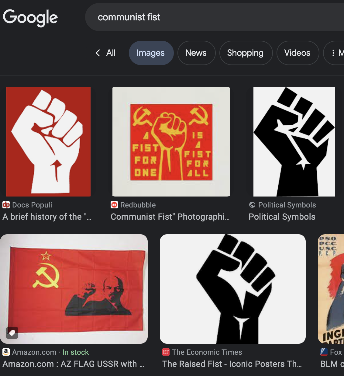Google image results for "the communist fist," showing a black fist raised, which is common to many leftist organization logos.