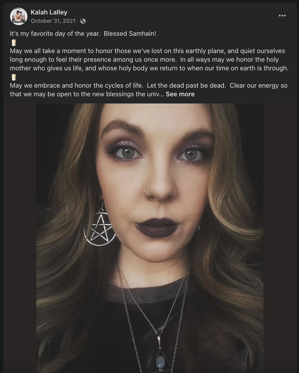 Kalah Lalley's Facebook post on celebrating Samhain, a pagan witch holiday.