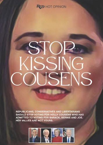 The back page of RED magazine saying "Stop Kissing Cousens."