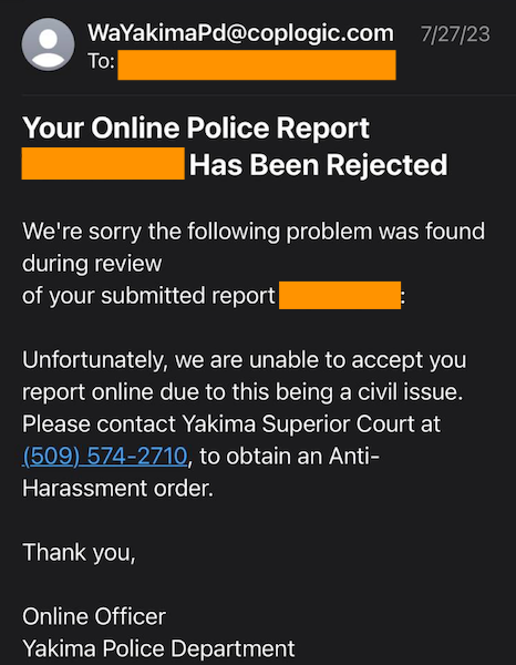 Screenshot of interactions with Yakima Police Department.